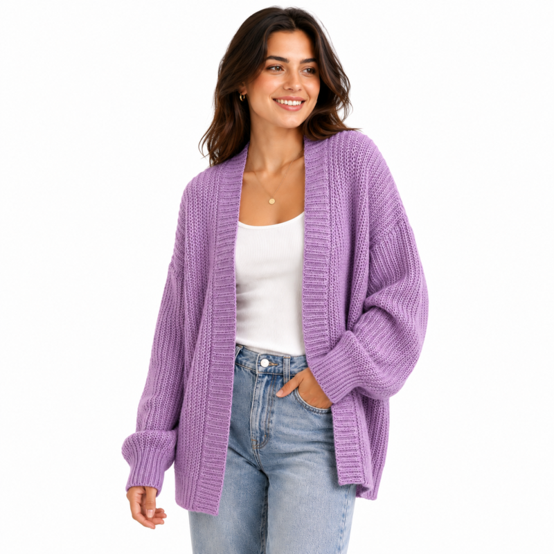 Women's lavender purple chunky knit open-front cardigan with ribbed cuffs and hem - model front view showing custom knitwear by Eco Jersey