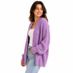 Women's lavender chunky knit open-front cardigan - model side view showing open drape and ribbed cuffs, custom knitwear by Eco Jersey