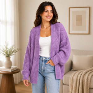 Women's lavender chunky knit open-front cardigan - model in lifestyle room setting with warm background showing custom knitwear by Eco Jersey
