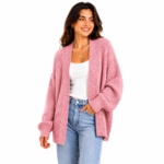 Women's blush pink chunky knit open-front cardigan with ribbed cuffs and hem - custom knitwear by Eco Jersey
