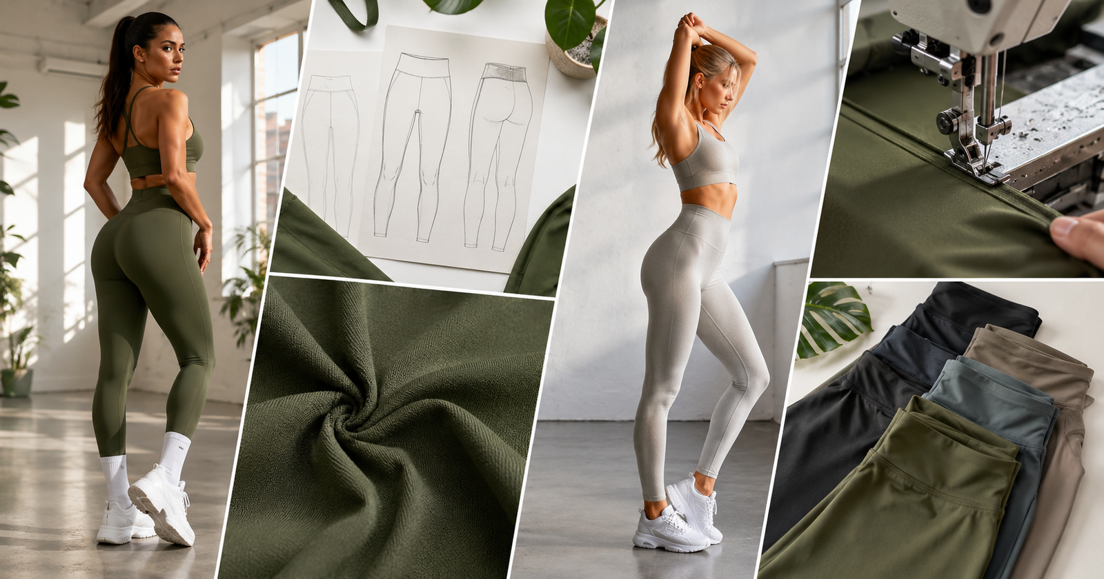 Custom leggings manufacturer collage showing a woman in olive green leggings, technical flat sketches, yoga pose in grey leggings, dark green fabric texture, sewing machine, and folded leggings stacks