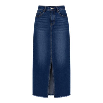 Dark navy blue classic long denim skirt with waistband and belt loops on a transparent background