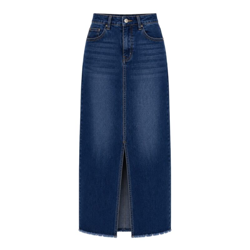 Dark navy blue classic long denim skirt with waistband and belt loops on a transparent background