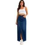Women's classic long premium high waisted denim skirt front view, custom women's long denim skirt manufacturer for wholesale and private label brands