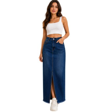 Women's classic long premium high waisted denim skirt front view, custom women's long denim skirt manufacturer for wholesale and private label brands