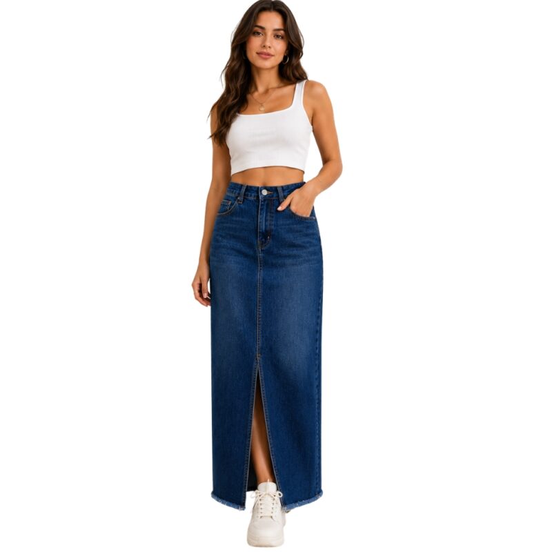 Women's classic long premium high waisted denim skirt front view, custom women's long denim skirt manufacturer for wholesale and private label brands