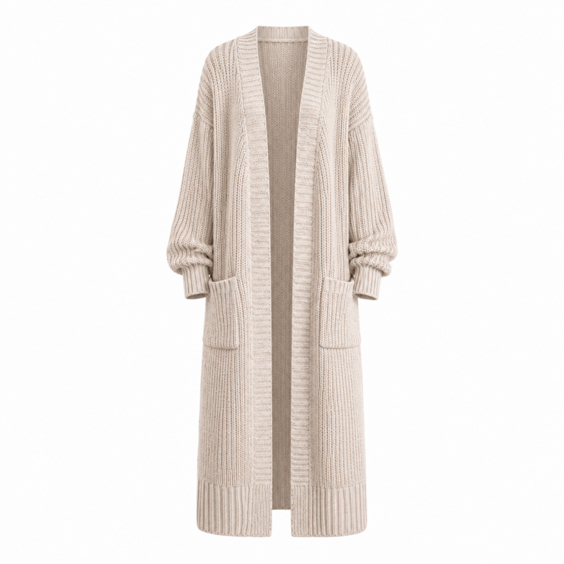 long knitted cardigan flat lay product image, ribbed open-front knitwear, custom knitted cardigan by Eco Jersey