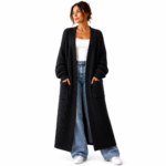 black long knitted cardigan worn by female model, open-front ribbed knitwear in black color by Eco Jersey