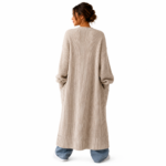 Women's long cream beige ribbed knit cardigan - model back view showing ribbed pattern and open-front drape, custom knitwear by Eco Jersey