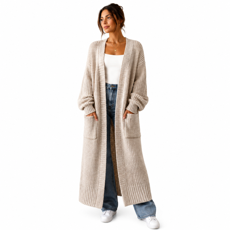 model wearing long knitted cardigan front view, open-front ribbed knitwear with pockets, custom knitwear by Eco Jersey