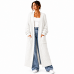 Women's long white ribbed knit cardigan - floor-length open-front style with two front pockets, worn by model, custom knitwear by Eco Jersey