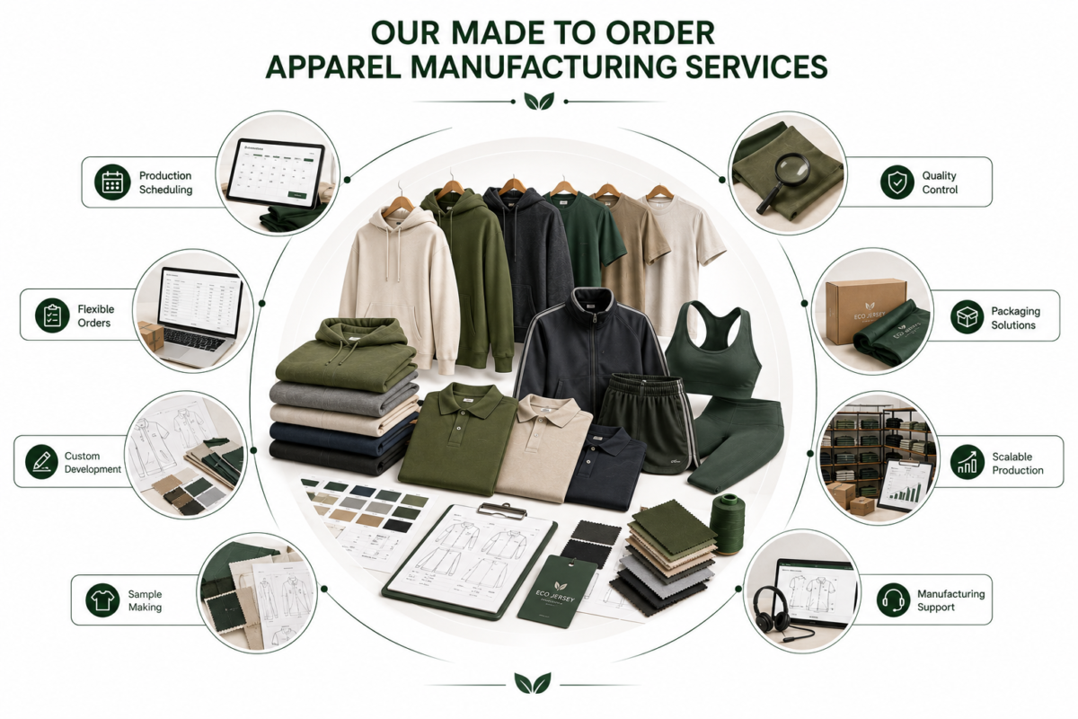 Our made-to-order apparel manufacturing services by Eco Jersey - circular diagram showing production scheduling, quality control, and other key services