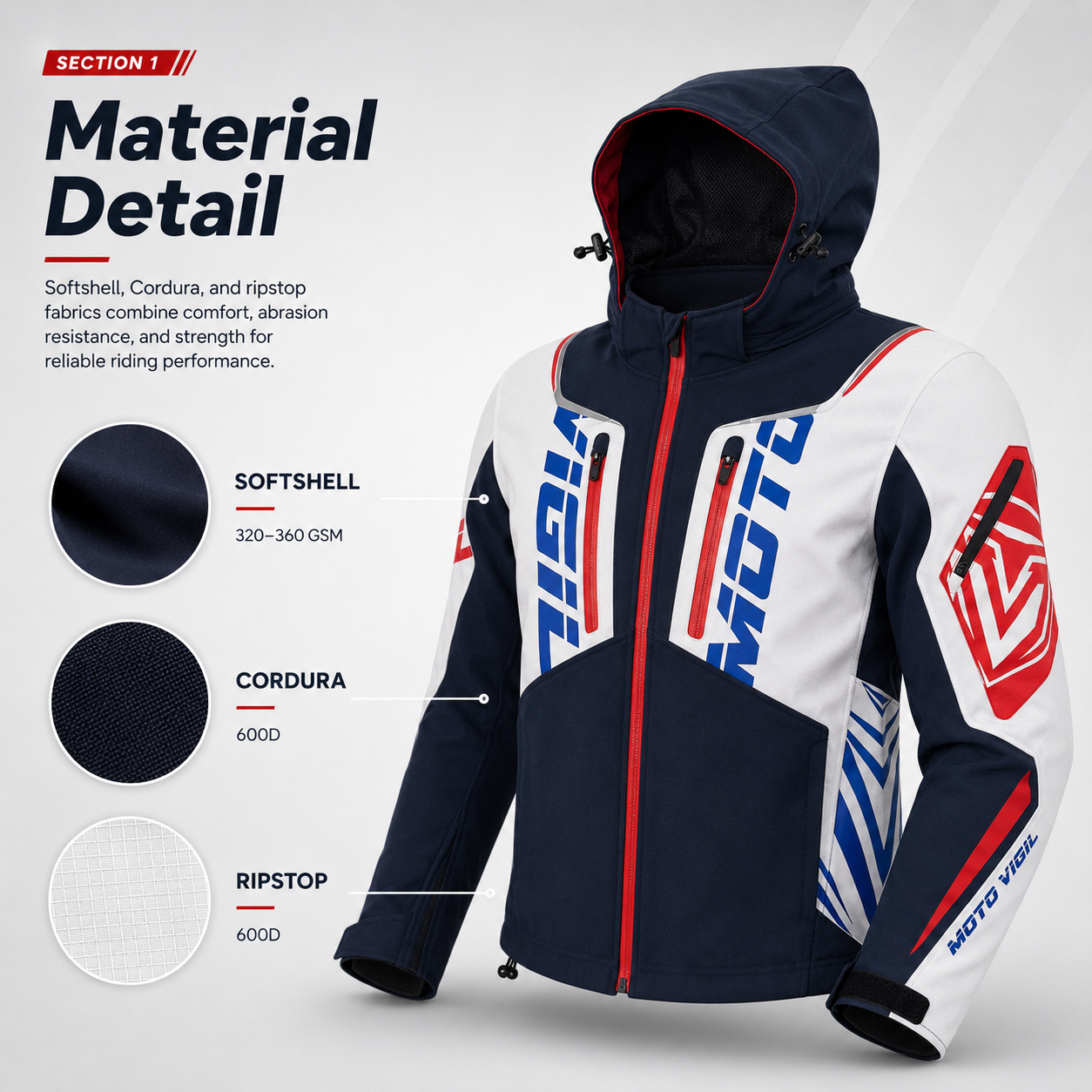 Material detail close-up of custom softshell motorbike jacket showing fabric texture, composition, and quality for B2B wholesale manufacturing