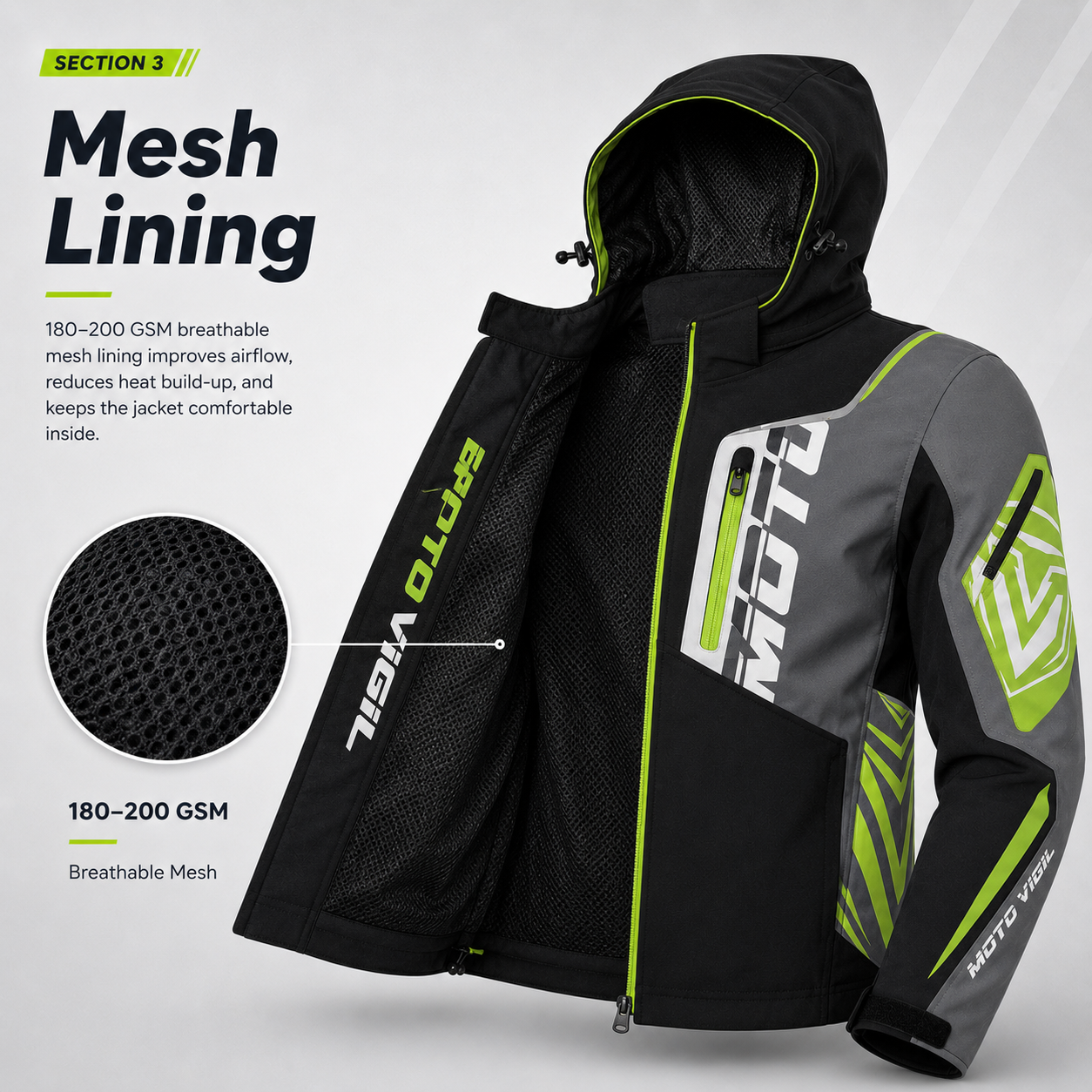 Mesh lining detail of custom softshell motorbike jacket showing breathable interior mesh fabric for ventilation and comfort during riding