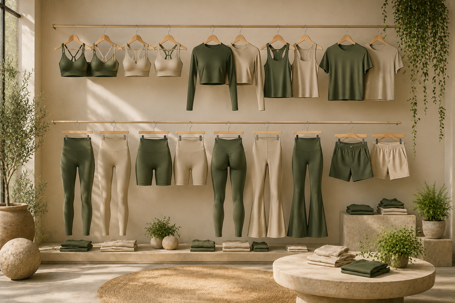 Eco Jersey more activewear options display showing a full rack of olive green and beige athletic wear including sports bras, long sleeves, tank tops, biker shorts, leggings, flared leggings, and shorts