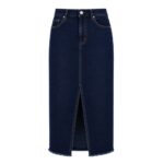 Navy blue classic long premium high waisted denim skirt, custom denim skirt in dark navy wash for wholesale and private label brands