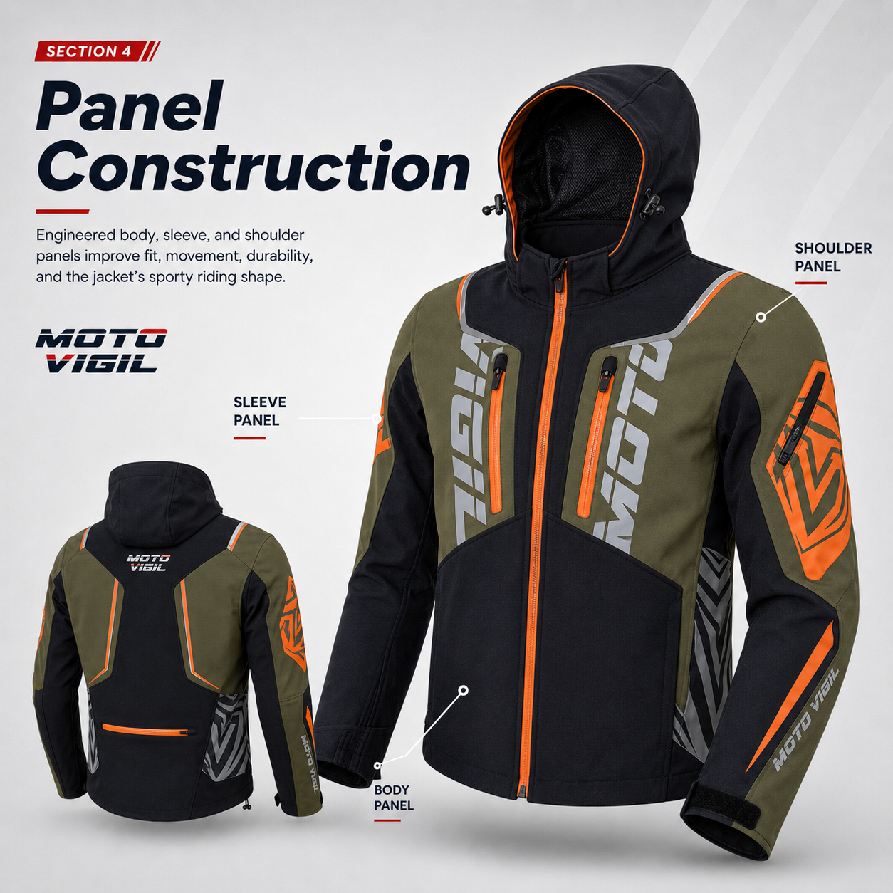 Panel construction detail of custom softshell motorbike jacket showing multi-panel design, seam placement, and fabric panel layout