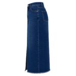 Side view of classic long premium high waisted denim skirt showing full-length silhouette and denim wash detail
