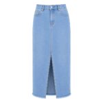 Sky blue classic long denim skirt, versatile premium high waisted denim skirt for wholesale custom denim skirt manufacturer