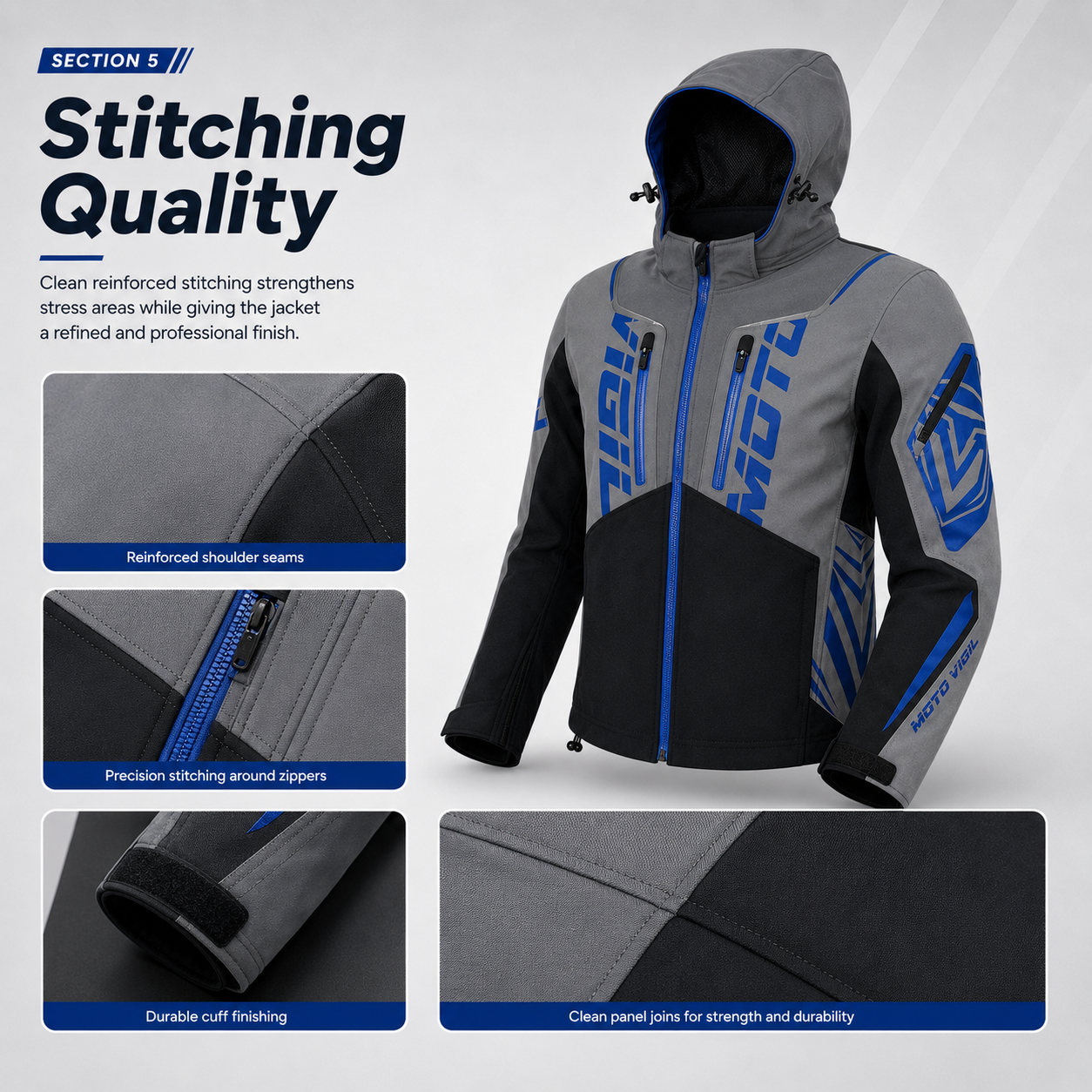 Stitching quality close-up of custom softshell motorbike jacket showing precision seam work, tight stitch density, and durable thread quality