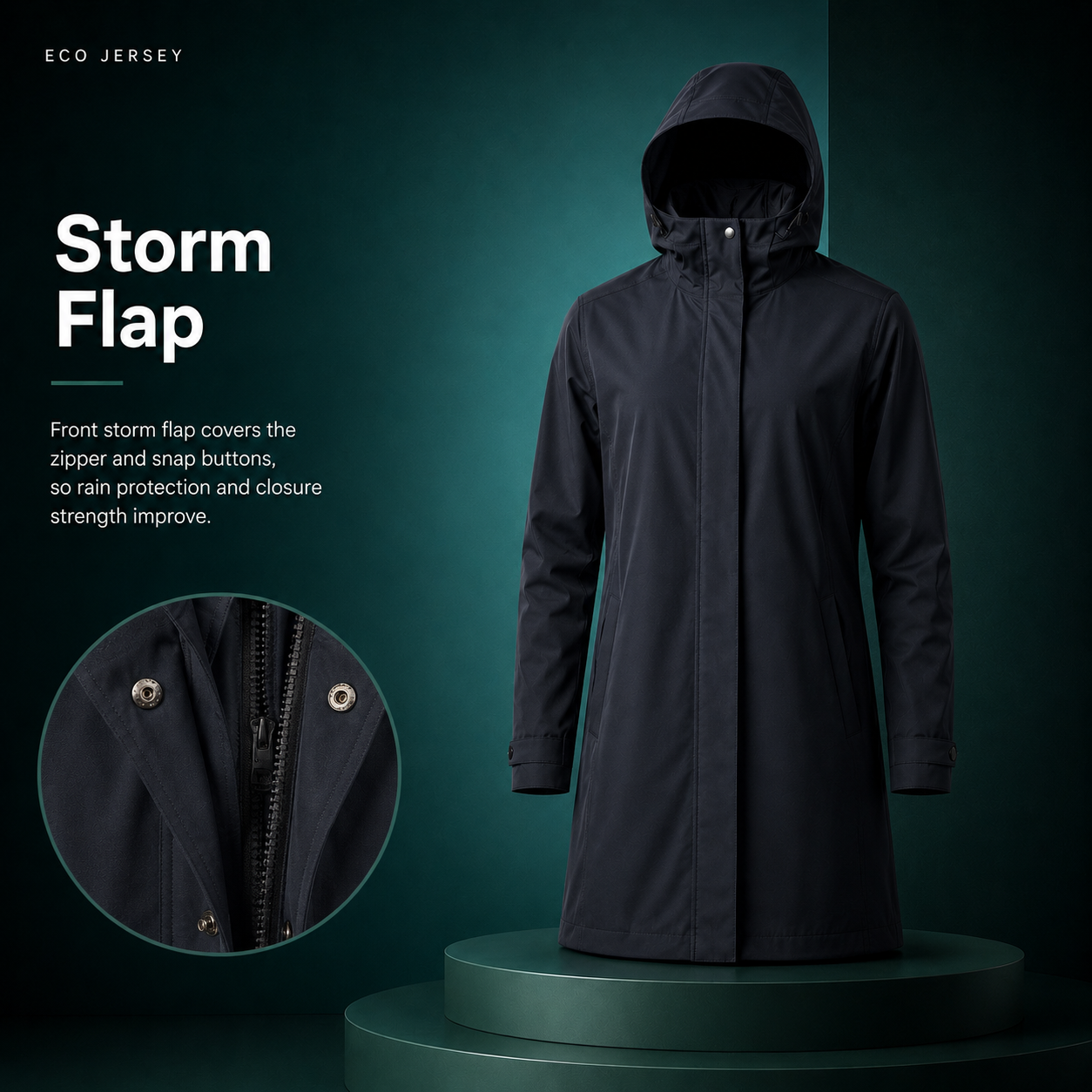Storm flap detail on Waterproof Hooded Rain Jacket