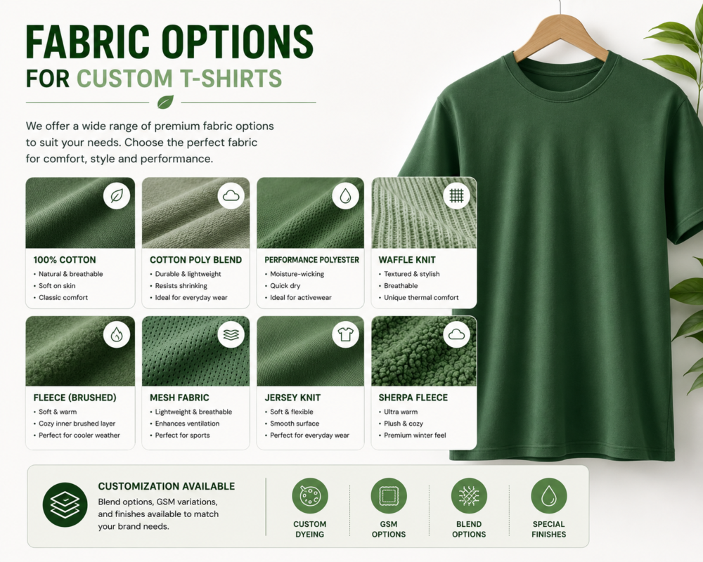 Fabric options infographic for custom t-shirts showing 8 fabric choices including 100% cotton, cotton poly blend, performance polyester, waffle knit, fleece, mesh, jersey knit, and sherpa fleece with customization options for dyeing, GSM, blends, and special finishes