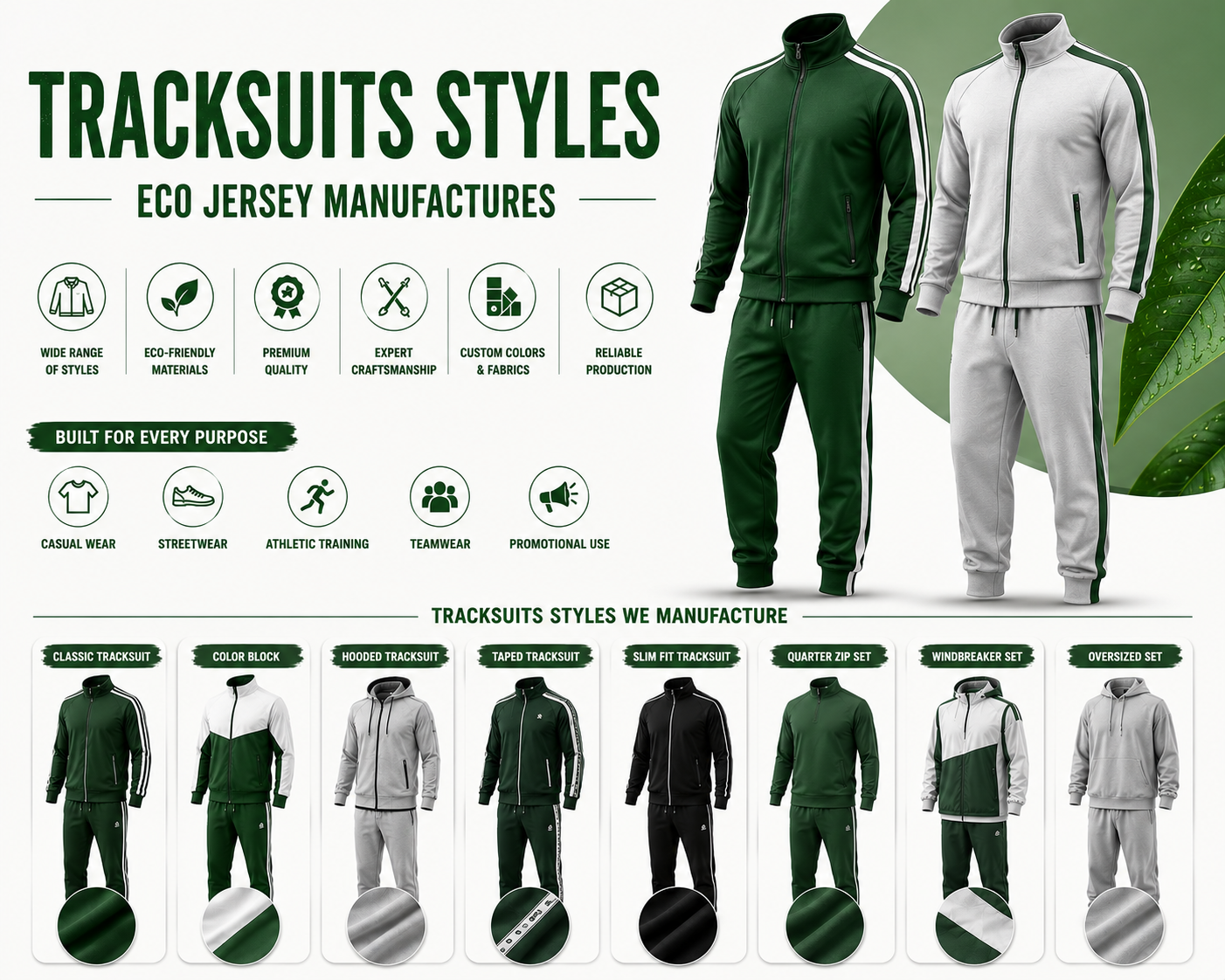 Tracksuit styles infographic by Eco Jersey showing 8 manufactured styles including classic, color block, hooded, taped, slim fit, quarter zip, windbreaker, and oversized sets, built for casual wear, streetwear, athletic training, teamwear, and promotional use