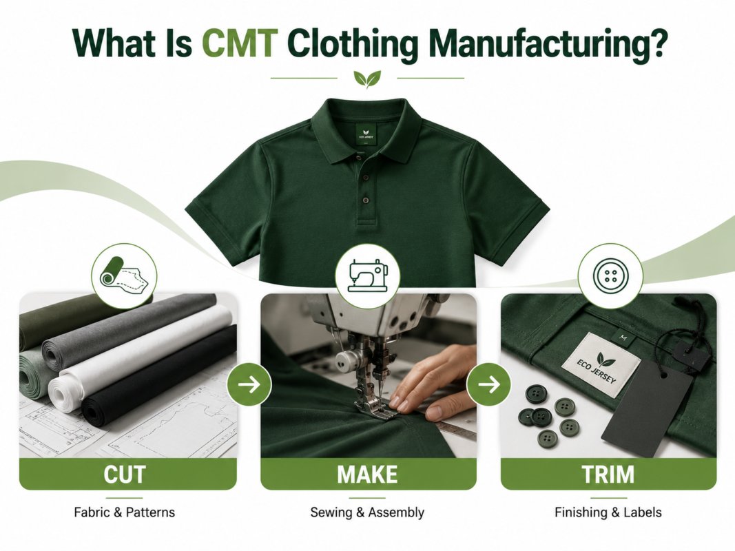 What is CMT clothing manufacturing - infographic explaining the Cut, Make, Trim process by Eco Jersey with fabric cutting, sewing, and trimming steps