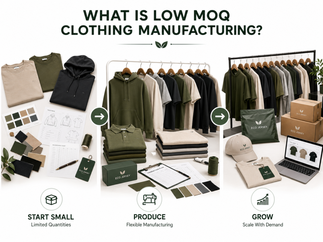 What is low MOQ clothing manufacturing - infographic explaining minimum order quantity apparel production by Eco Jersey