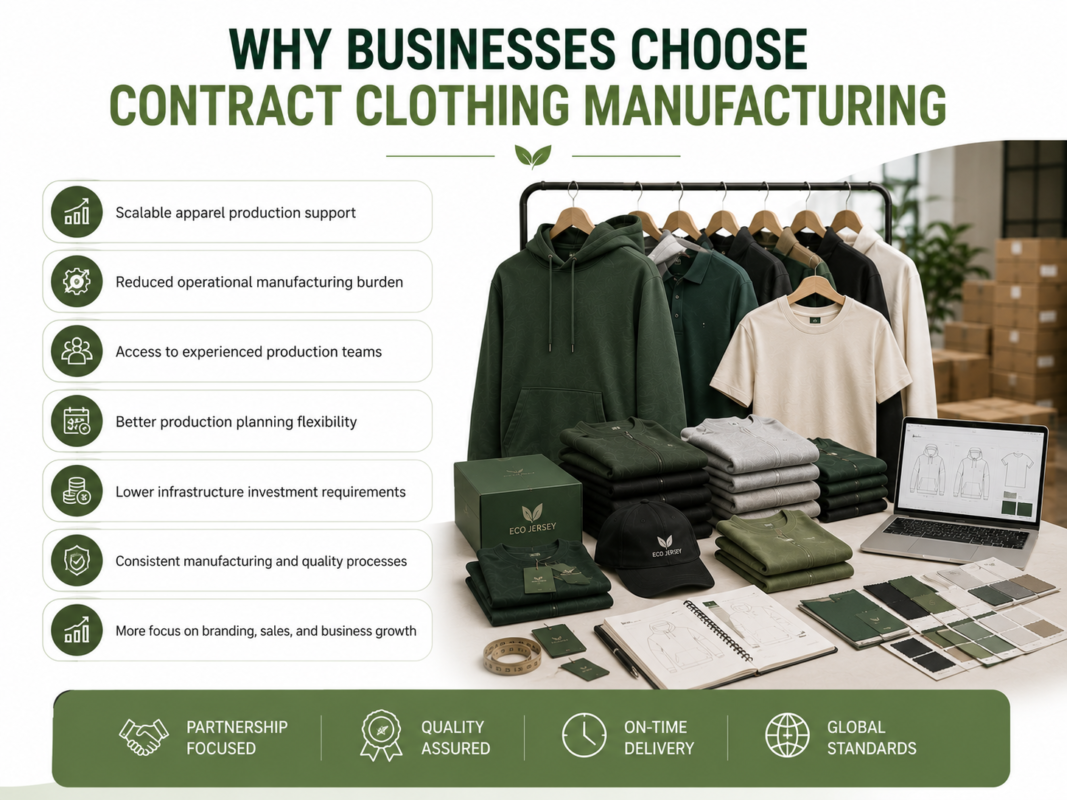 Why businesses choose contract clothing manufacturing - infographic showing benefits like scalable apparel production support and reduced operational burden by Eco Jersey