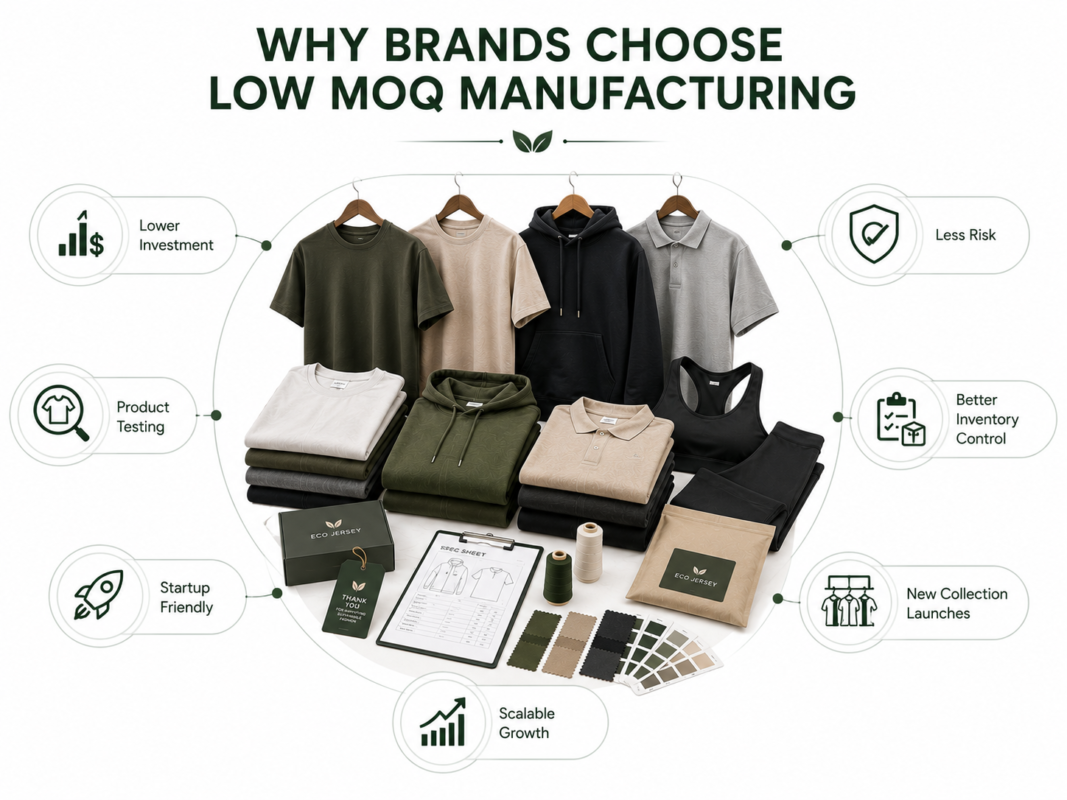 Why brands choose Eco Jersey for low MOQ manufacturing - infographic highlighting key benefits and advantages for small and growing apparel brands