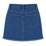 women's blue denim mini skirt back view showing rear pockets and frayed hem, back angle product photo by Eco Jersey