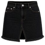 black women's denim mini skirt with front slit and frayed hem, black denim skirt by Eco Jersey