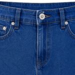 close up detail of women's denim skirt waistband and stitching, quality denim fabric close up by Eco Jersey