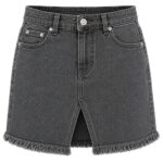 gray women's denim mini skirt with front slit and frayed hem, grey denim skirt by Eco Jersey