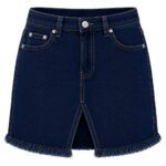 navy blue women's denim mini skirt with front slit and frayed hem, dark blue denim skirt by Eco Jersey