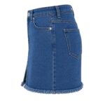 women's blue denim mini skirt side view showing back pocket and frayed hem, side angle product photo by Eco Jersey