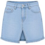 sky blue women's denim mini skirt with front slit and frayed hem, light blue denim skirt by Eco Jersey