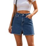 woman wearing blue denim mini skirt with front slit and frayed hem, model wearing custom denim skirt by Eco Jersey