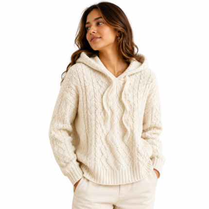 womens knitted hoodie- model front view
