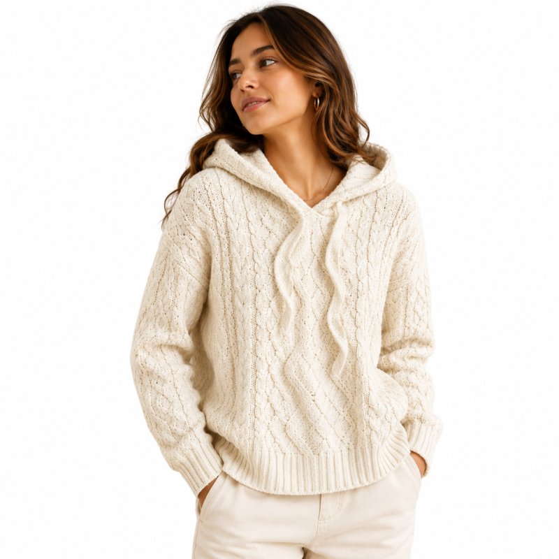 womens knitted hoodie- model front view