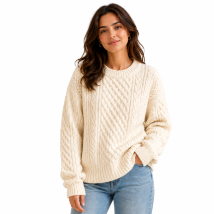 Front view of a female model wearing a cream cable-knit oversized women's pullover sweater with jeans showing the front knit pattern, neckline, and fit