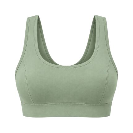 A light sage green sports bra on a white background with a U-shaped neckline and wide shoulder straps.