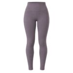 High-waisted full-length women's yoga leggings in solid muted taupe-purple color, shown flat against a white background with smooth fitted design and subtle side seams.