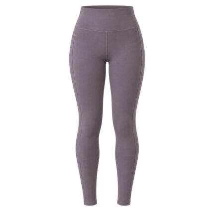 High-waisted full-length women's yoga leggings in solid muted taupe-purple color, shown flat against a white background with smooth fitted design and subtle side seams.