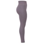 Full-length side view of a pair of solid grey, high-waisted women's yoga leggings, extending to the ankle, with a visible seam running down the side of each leg.