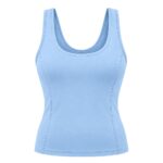 Light blue fitted yoga tank top with wide straps and a rounded neckline, shown from the front on a plain white background.