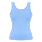 Light blue form-fitting tank top shown centered on a plain white background, with wide straps, a rounded neckline, and vertical side seams curving inward for a contoured fit.