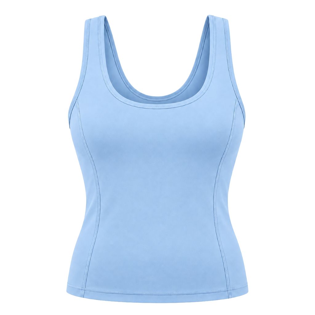 Light blue fitted yoga tank top with wide straps and a rounded neckline, shown from the front on a plain white background.