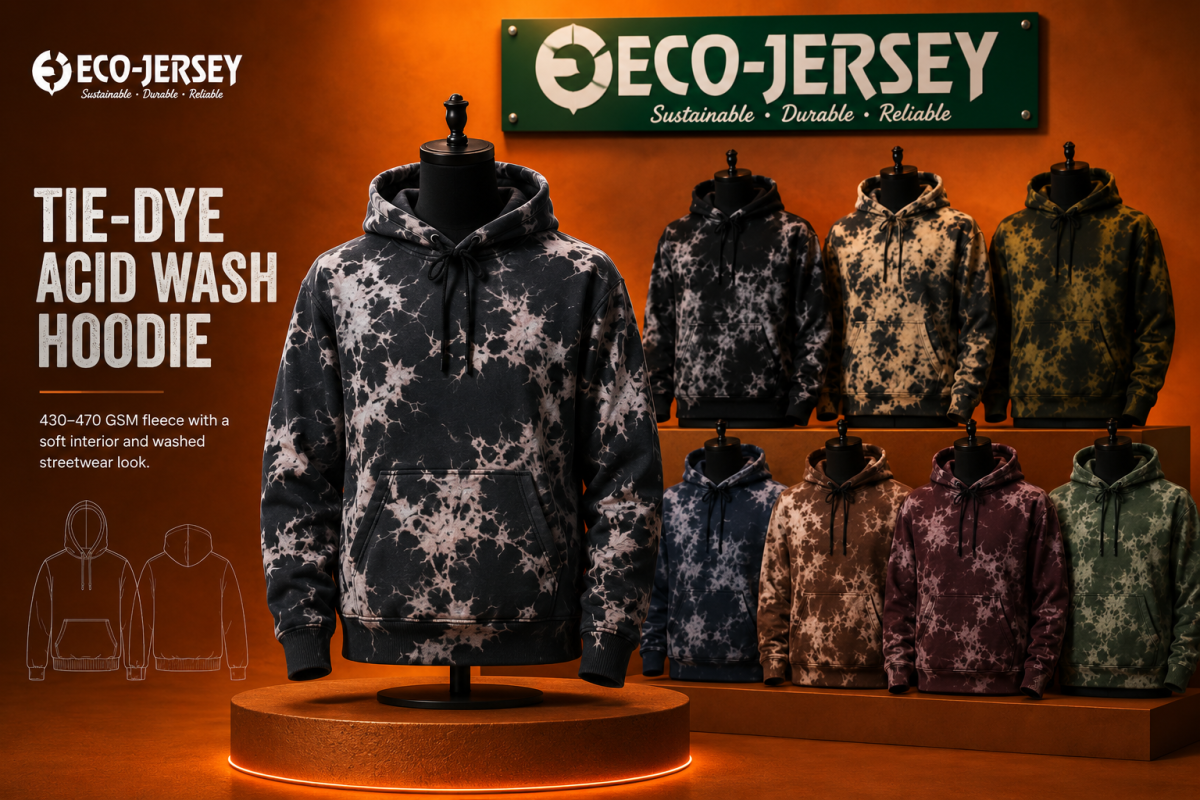 Tie Dye Acid Wash Hoodie hero section banner by Eco Jersey